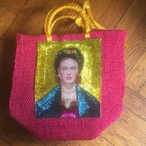 Frida Kahlo hot pink burlap tote bag